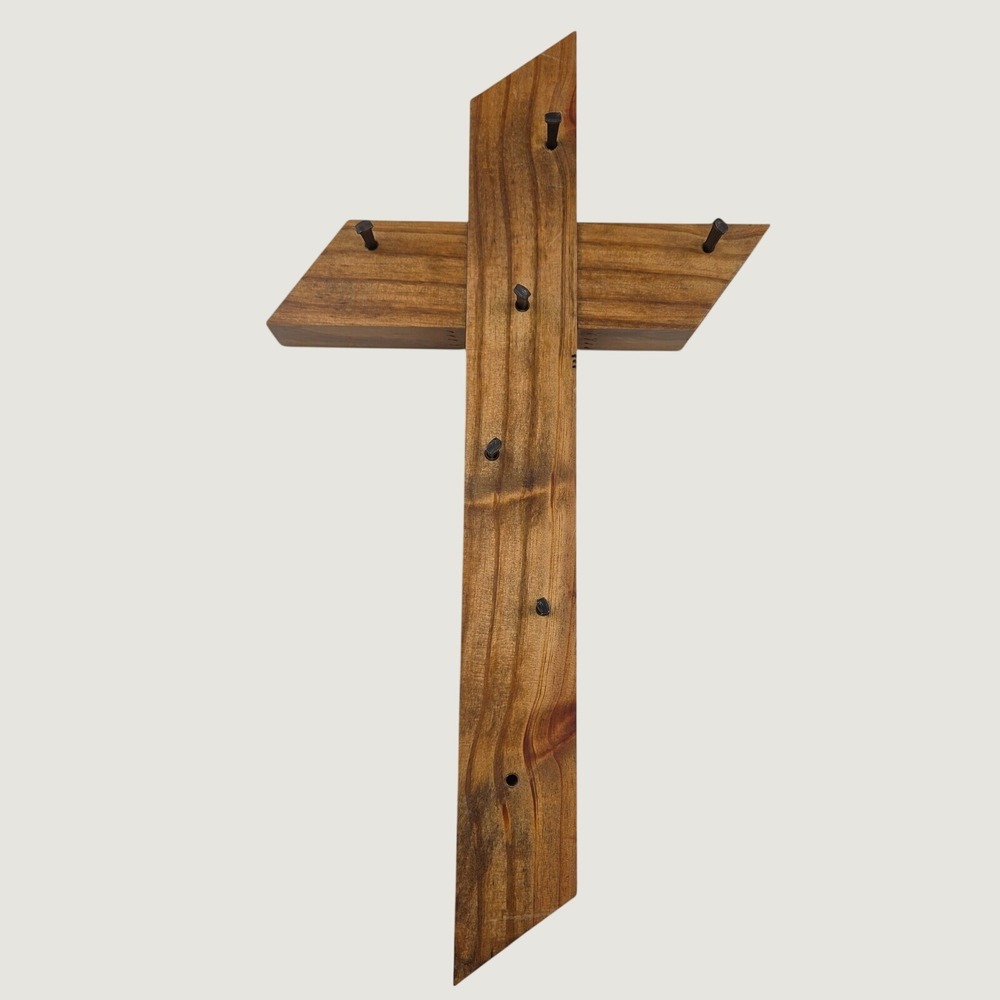 Handmade Rustic Wood Wall Cross 6 Removable Square Cut Nails Stained Pine Signed